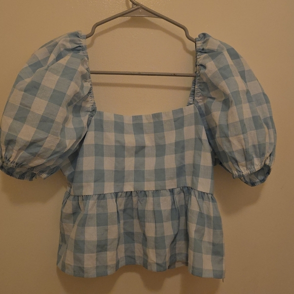 Vici Tops - Vici Blue Checkered Puff Sleeve Top Small NWOT